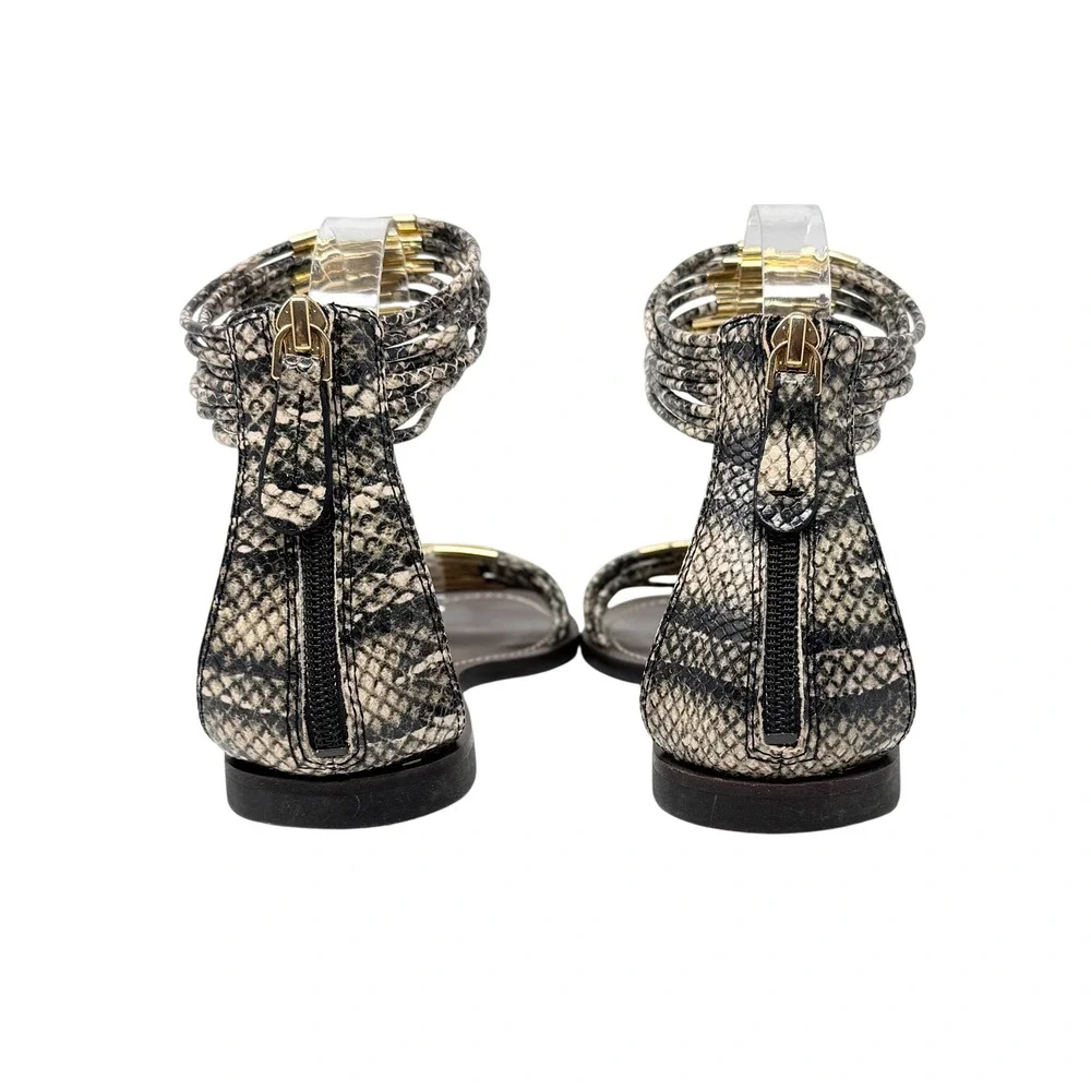 Tory Burch Mignon Ankle Strap Flat Sandals Gold Snake Print Size 8.5